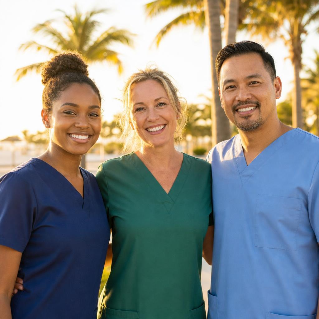 RMD Home Care caregivers smiling together in Naples, Florida sunshine