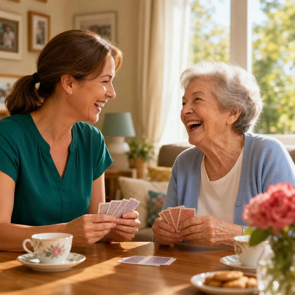 Caregiver and elderly woman enjoying a card game together