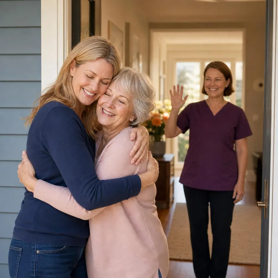 Daughter hugging her mother goodbye while a caregiver welcomes them