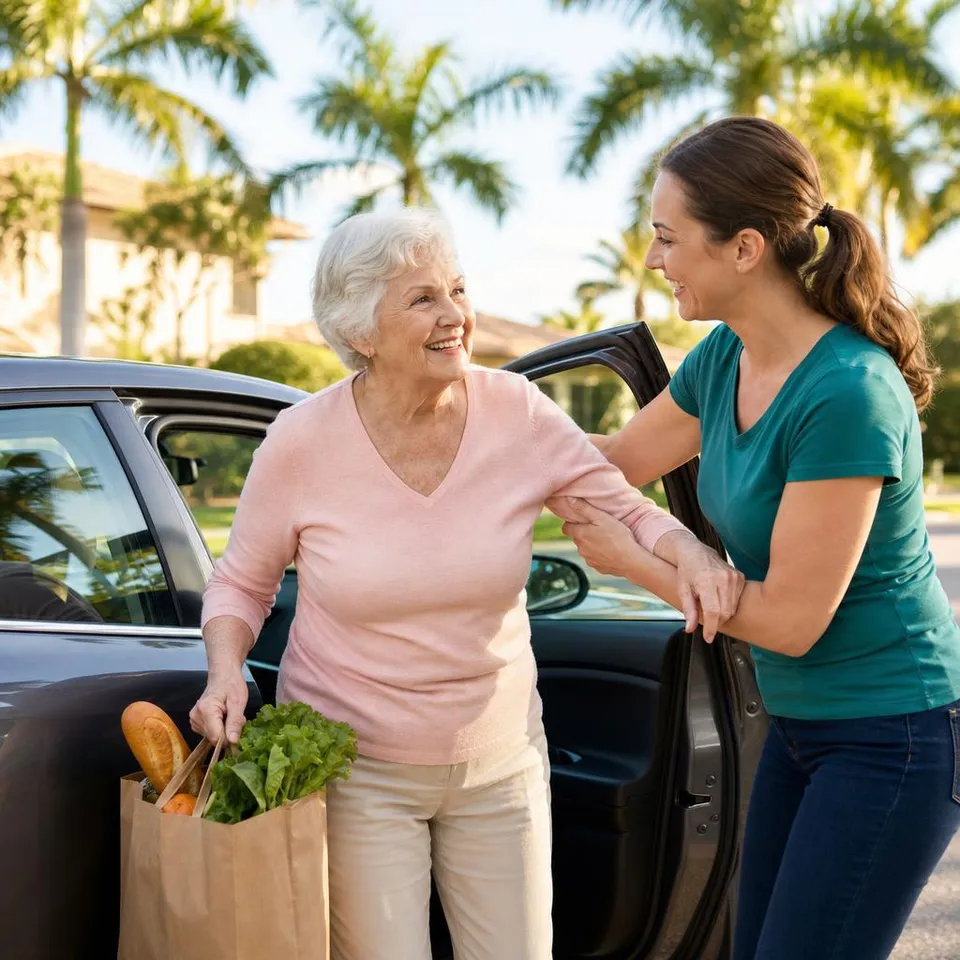 Caregiver helping an elderly woman out of a car with groceries